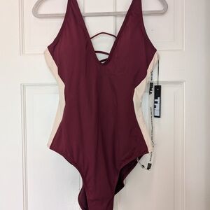Stylish Women's One Piece Swimsuit in Burgundy and Cream